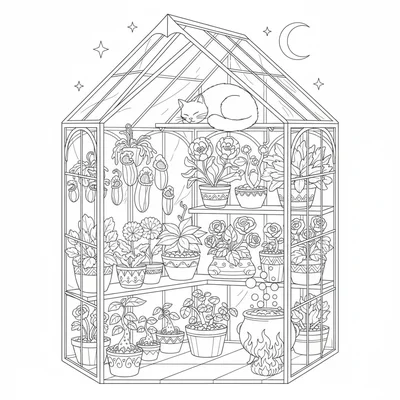 A witch's greenhouse with glass panels, shelves of rare plants in pots coloring page