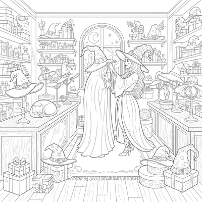 A witch's hat shop interior with hat stands displaying a variety of dramatic coloring page