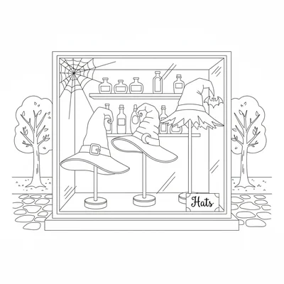 A witch's hat shop window with three different style witchy hats on simple hat coloring page