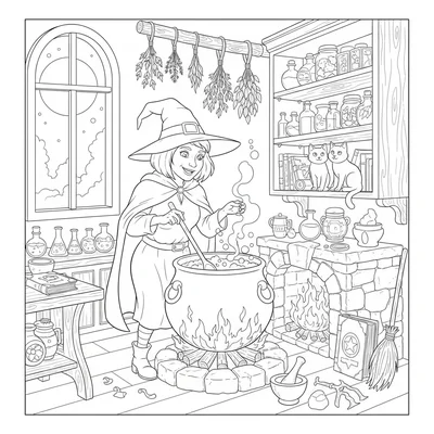 A witch's kitchen at work, a witch stirring a large cauldron on a stone hearth coloring page
