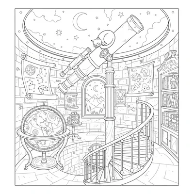 A witch's observatory at the top of a tower, a circular room with a domed coloring page