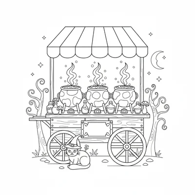 A witch's outdoor potion stand, a wooden cart with a striped awning, three coloring page