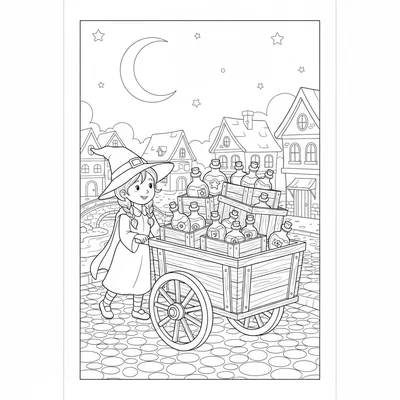 A witch's potion delivery cart on a cobblestone street, a wooden handcart coloring page