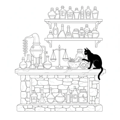 A witch's potion workshop interior with a long stone counter covered coloring page