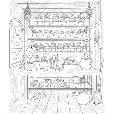 A witch's potting shed with shelves of seedling pots growing unusual plants coloring page