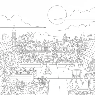 A witch's rooftop garden at night, a rooftop terrace with raised planter beds coloring page