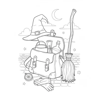 A witch's travel bag open beside a broomstick, inside the bag visible contents coloring page