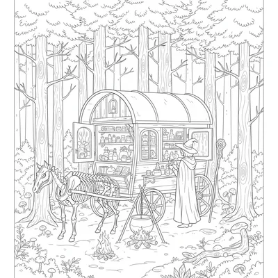 A witch's traveling wagon parked in a forest clearing, a painted wooden wagon coloring page