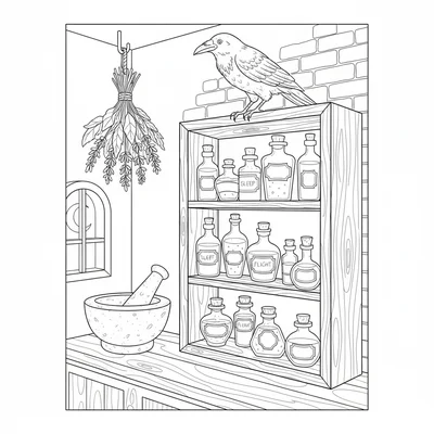 A witchy apothecary corner with shelves of labeled potion bottles, a mortar coloring page