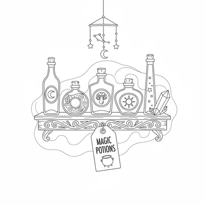 A witchy apothecary shelf with five bottles of different shapes in a row, each coloring page