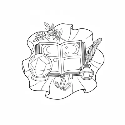 A witchy flat lay arrangement on a dark cloth, a spell book open, a quill coloring page