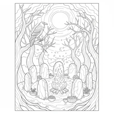 A witchy forest clearing at night, a stone circle of nine standing stones coloring page