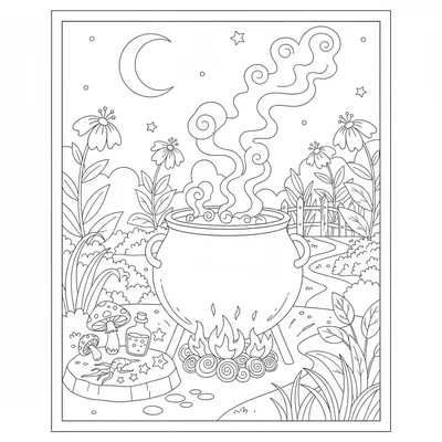 A witchy outdoor cauldron scene in a garden at night, a cauldron on a low coloring page
