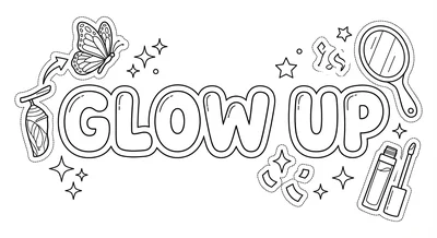 Render the exact text 'GLOW UP' in Bubbly Rounded Sticker s… coloring page