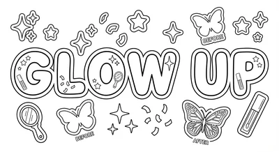 Render the exact text 'GLOW UP' in Bubbly Rounded Sticker s… coloring page