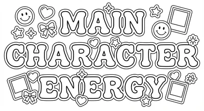 Render the exact text 'MAIN CHARACTER ENERGY' in Bubbly Rou… coloring page
