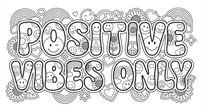 Render the exact text 'POSITIVE VIBES ONLY' in Bubbly Round… coloring page