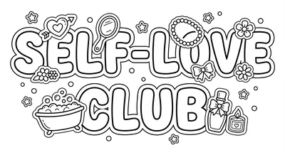 Render the exact text 'SELF-LOVE CLUB' in Bubbly Rounded St… coloring page