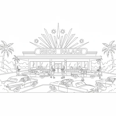 A 1950s American drive-in restaurant scene with 1950s cars at the parking bays coloring page