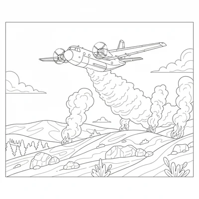 An air tanker plane doing a fire retardant drop on a hillside, the red slurry coloring page