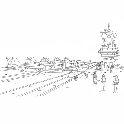 An aircraft carrier deck during flight operations, several jets parked coloring page