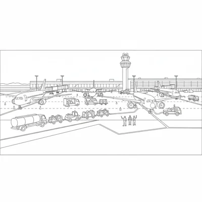 An airport tarmac scene with 3 commercial planes at gates, luggage carts coloring page
