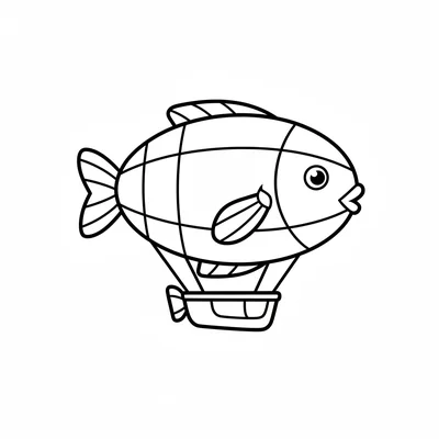 A simple airship shaped like a tropical fish, large oval body, tail fins coloring page