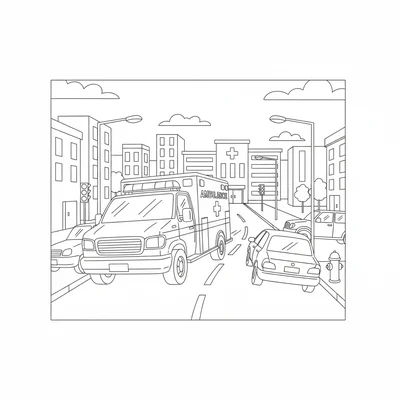 An ambulance at an intersection with lights and sirens on, other cars pulling coloring page