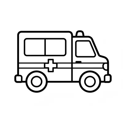 A simple ambulance with a boxy body, a rounded front cab, a row of windows coloring page