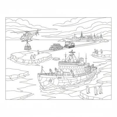 An Antarctic supply expedition, an icebreaker ship in the foreground coloring page