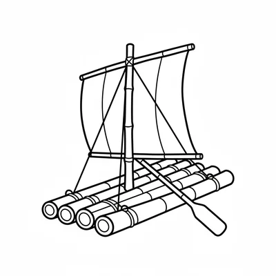 A simple bamboo raft with 8 bamboo poles lashed together side by side, a simple coloring page