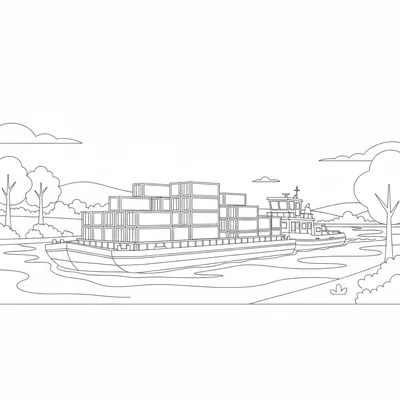 A barge being pushed by a towboat on a wide river, the flat barge loaded coloring page