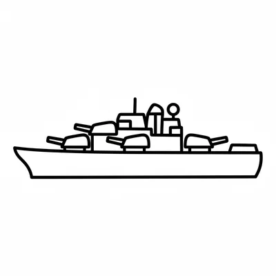 A simple battleship with a long grey hull, several gun turrets on the deck coloring page