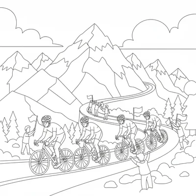 A bicycle race in the mountains, 4 cyclists in a group on a switchback road coloring page