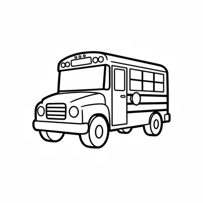 A simple big yellow school bus seen from a slight three-quarter angle showing coloring page