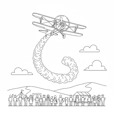A biplane doing an airshow loop, the plane at the top of its loop, vapor trails coloring page