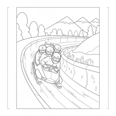 A bobsled team going through an icy banked curve at high speed, the sled low coloring page