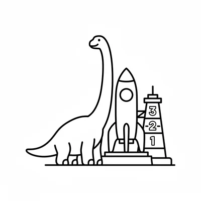 A Brachiosaurus standing beside a tall rocket on a launch pad, its neck the sam… coloring page
