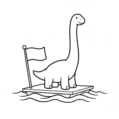A Brachiosaurus standing on a large flat raft floating on simple wavy water, it… coloring page