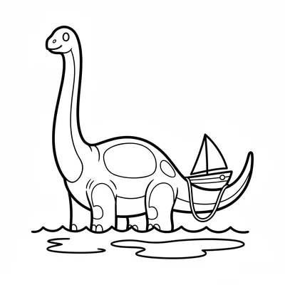 A Brachiosaurus with a simple sailboat tied to its tail, standing in shallow wa… coloring page