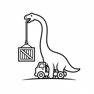 A Brachiosaurus with its long neck acting as a crane, lifting a large crate wit… coloring page