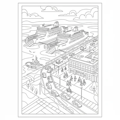 A busy ferry terminal with 2 large roll-on/roll-off ferries at berths, vehicles coloring page