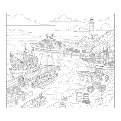 A busy harbor with various boats at different docks, a fishing trawler coloring page