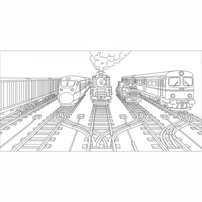 A busy train yard with 5 different trains on parallel tracks, a freight train coloring page