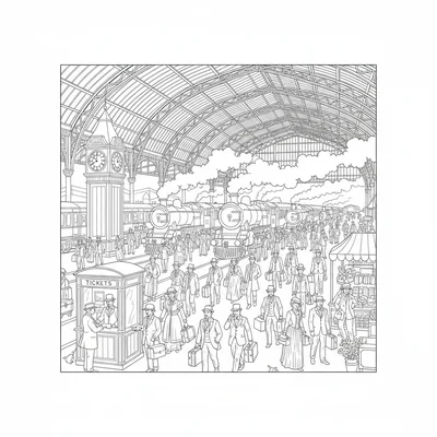 A busy Victorian train station, a high arched glass-and-iron roof structure coloring page