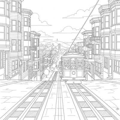 A cable car on a steep city street going up a hill, trolley tracks visible coloring page