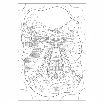 A canal lock system with a narrowboat inside the lock chamber, the upper gates coloring page