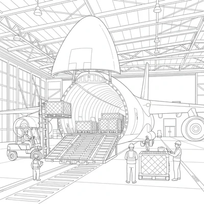 A cargo aircraft loading scene in a hangar, the massive rear cargo door open coloring page