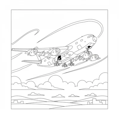 A cargo jet in flight at altitude, the undercarriage visible as it retracts coloring page