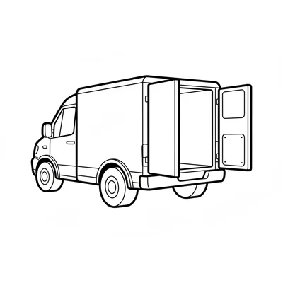 A simple cargo van with a tall boxy body, 4 wheels, large double doors coloring page